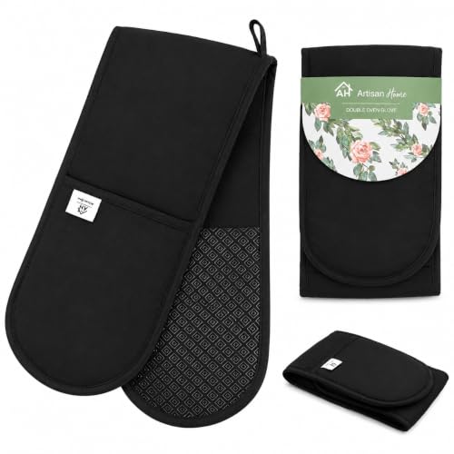 Black Double Oven Gloves Heat Resistant Silicone Oven Mitts Pair | Non-Slip Silicone Oven Gloves Double Oven Mitt | Machine Washable Thick Potholders Home & Kitchen Accessories.