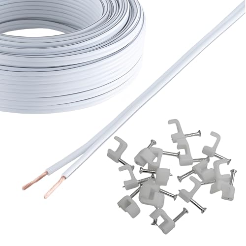 Câble haut-parleur plat anti-parasite 50 mètres blanc avec pinces de connexion