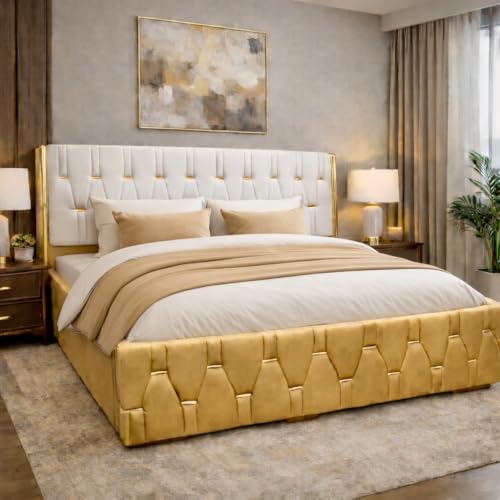 Image of Royal Aura Upholstered King Size Bed with Box Storage for Bedroom | Elegant Wooden Double Bed with Storage | Platform Cot Palang with Tufted Headboard | 6.5 x 6 Ft | Sheesham Wood | White