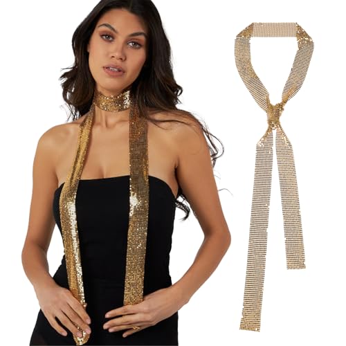 JK Home Foulard Paillette Métal Femme Echarpe Longue Etroite Cravate Brillante Couleur Uni Cosplay Carnaval Costume Mariage #A Gold