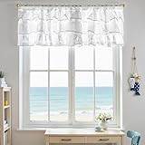 jinchan White Ruffled Sheer Valance Curtain Coastal Themed Kitchen Valance for Cabinet Small Window Living Room Light Filtering Seashell Starfish Printed Farmhouse Half Window Curtain 18 Inch 1 Panel