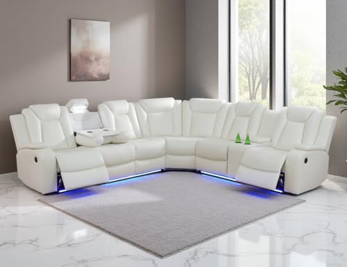 Anthato Power Recliner Sectional Sofa Set with LED, Modern L-Shaped Reclining Sofa, Leather Reclining Corner Couch with Cup Holders/Storage/USB Charging Ports for Living Room/Home Theater, Cream White