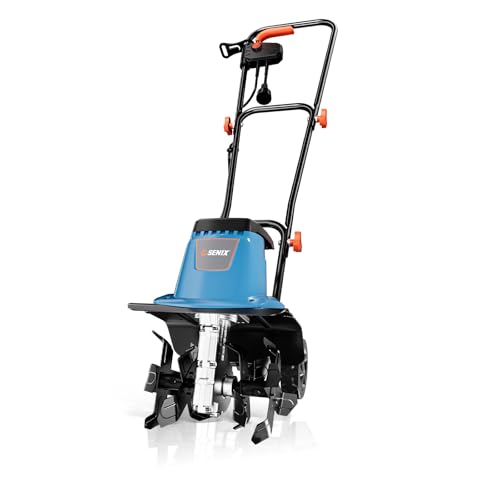 SENIX Electric Corded Garden Tiller & Cultivator, Steel Tines, 8 Amp, 12″ Till Width,8″ Till Width 3-Position Wheel Adjustment-Heavy Duty Gardening Machine Equipment for Lawn, Yard, & Grass