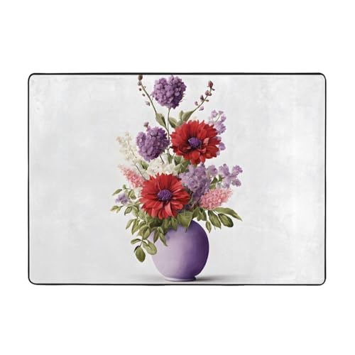 Poppy Flower Print Living Room Anti Slip and Absorbent Carpet, Indoor Bedroom Bed Floor Mat, Ultra Soft Washable Carpet 80x58 in