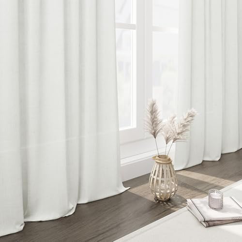 Image of Nanspring Linen Curtains 84 Inch Length 2 Panels Set,Ivory - Back Tab Pocket Flax Linen Cotton Textured Curtains for Living Room Dining Room Cream White Natural Light Filtering Window Drapes 52X84