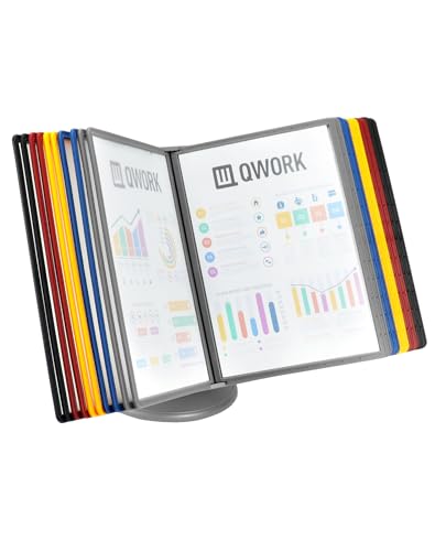 QWORK® Tisch-Sichttafel Aufsteller, 360° verstellbar, Mehrfarbig Dokumentenhalter für Messehallen, Restaurants, Büros, öffentliche Plätze, 20 A4-Anzeigetafeln