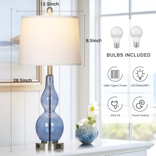 Rinweey 27.5" Coastal Blue Glass Double Gourd Table Lamp Set of 2,3-Way Dimmable Touch Control Bedside Lamps with USB Ports and AC Outlet, Nautical Nightstand Lamps for Bedroom Living Room - Image 3