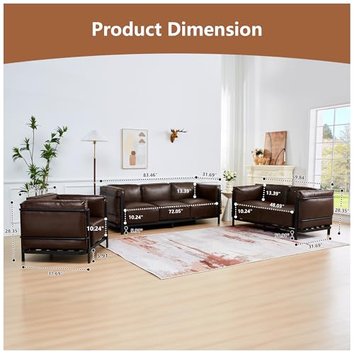 Image of 3 Piece Living Room Sofa set, Mid-Century Modern Upholstered Couch Chair Faux Leather Sofa Couch with Iron Frame and Upholstered Armrest Backrest Cushion for Living Room, Office, Apartment (Brown)