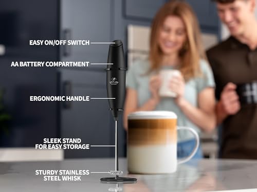 Image of Zulay Premium Gift Milk Frother Set - Handheld Coffee Frother with Stand, 12oz /350ml Frothing Pitcher + 4 Latte Art Stencils - 13,000 RPM Motor, SS Whisk, Battery Operated - Barista Kit (Exec Black)