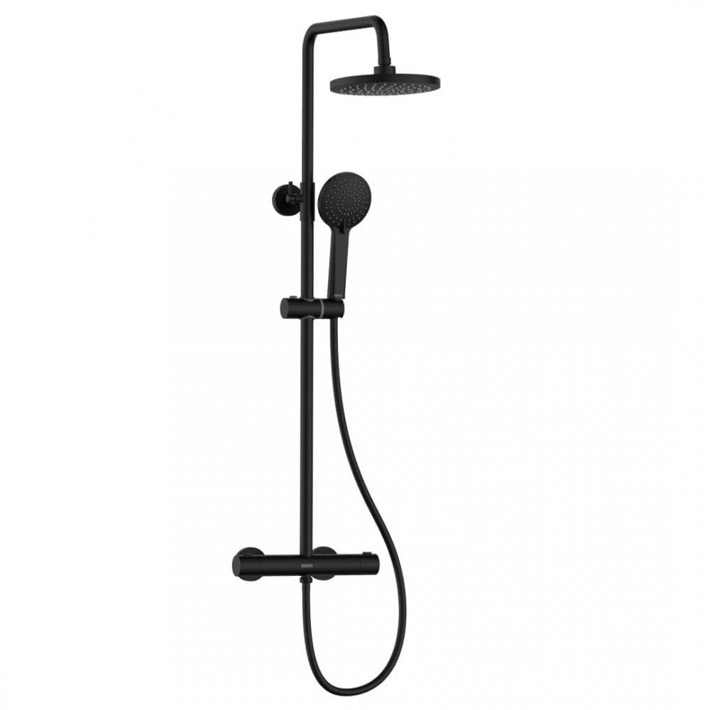 Bristan Buzz Thermostatic Diverter Bar Mixer Shower - Exposed Safe Touch Black Shower Mixer with Round Fixed Shower Head, Hose, and Multi Spray Pattern Shower Head, BUZ SHXDIVCTFF BLK