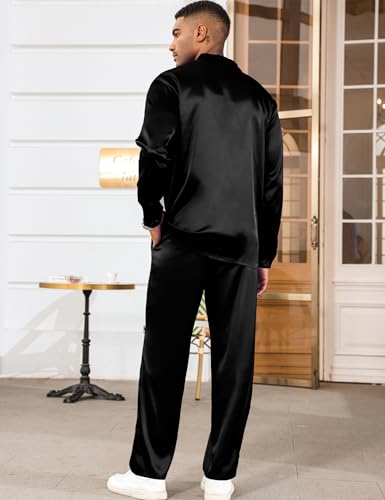 LecGee Men's Satin 2 Piece Outfits Lapel Long Sleeve Button Down Tops Jogger Pants Sets With Pocket Prom Club Party 5