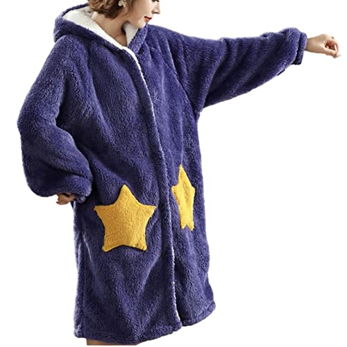 [ココマリ] あったか もこもこ ルームウェア レディース パジャマ 冬 部屋着 ふわふわ おしゃれ 着る毛布 前開き ガウン かわいい ボア ルームウエア バスローブ 厚手 裏起毛 前あき 羽織り カーディガン ファー 暖かい 冬用 人気 防寒 グッズ ふわもこ あったかい 防寒着 星 星柄 前ボタン ゆったり サイズ 大きい ロング丈 (XL, ブルー)