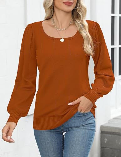 Image of HOTOUCH Sweaters for Women 2026 Fall Trendy Tops Casual Puff Sleeve Square Neck Cute Tunic Pullover Blouses XS-XXL