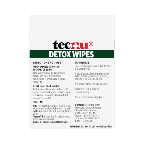 Image of Tecnu Detox Wipes, Poison Ivy Wipes, Large Individual Towelettes Remove Rash-Causing Oil from Skin, Waterless, Also for Oak and Sumac, Camping Essentials, 12 Count (Pack of 2)