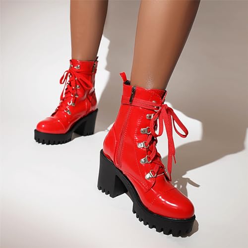 Betastella Lug Sole Platform Ankle Boots Lace Up Chunky Heeled Combat Boots Patent Leather Side Zip Booties4