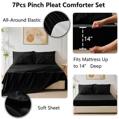 CozyLux Queen Comforter Set Black, 7 Pieces Pintuck Bed in A Bag, Premium Black Comforter Queen Size, Pinch Pleat Bedding Sets with Comforter, Sheets, Pillowcases & Shams