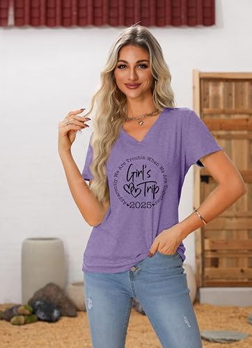 Girls Trip T Shirts for Women 2025 Funny Vacation Travel Shirt V Neck Short Sleeve Tee Besties Weekend Matching Shirts3