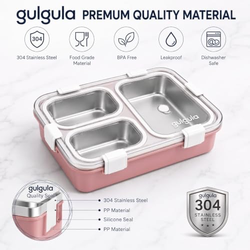 Image of Stainless Steel 3 Compartment Lunch Box with Leakproof Lid, Reusable Water Bottle & Spoon Set, Bento Style Tiffin Box for School, Office, College, Picnic, Travel & Daily Meal Storage (Pink)