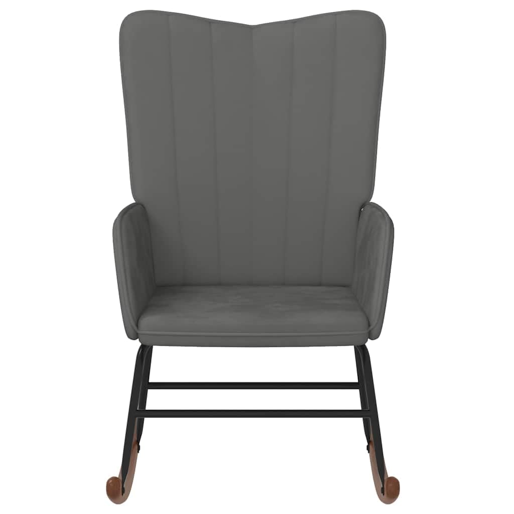 Ciemnoszare aksamitne krzesło bujane z drewnianymi płozami i stalową ramą do salonu, sypialni, na balkon, fotel relaksacyjny, ergonomiczny komfort, stabilna funkcja przechylania, trwałe
