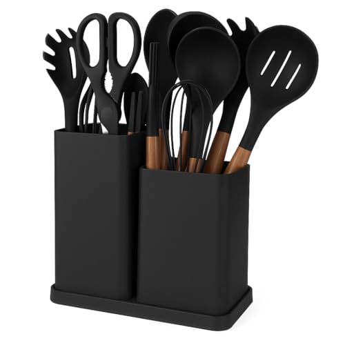 19-Piece-Silicone-Kitchen-Utensil-Set-with-Wooden-Handles-Black-and-White-Color-Options-Cooking-Tools-with-Storage-Holder 19 Piece Silicone Kitchen Utensil Set with Wooden Handles, Black and White Color Options, Cooking Tools with Storage Holder - Image 1