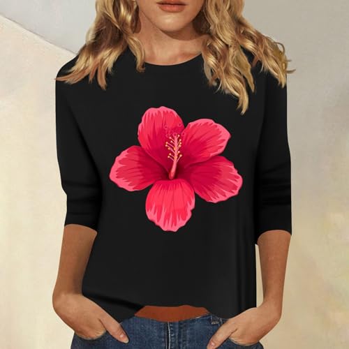 HTHLVMD Womens 3/4 Length Sleeve Tops 2025 Fall Fashion Floral Print Crewneck Causal Trendy Tunic Tops for Women