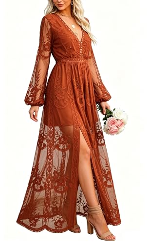 Image of LRISES Womens V Neck Floral Embroidered Lace Wedding Maxi Dress Boho Short Sleeve Slit Bridesmaid Evening Party Dresses