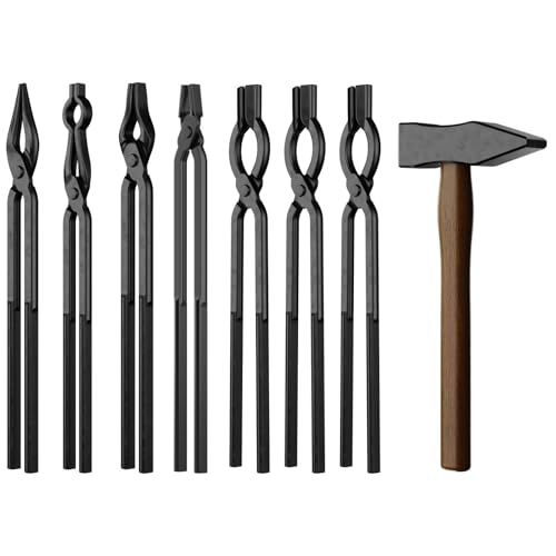 Image of 8PCS Blacksmith Tongs & Hammer Set for Knife Making, Includes 3 /8 inch 1 /2 inch 5 /8 inch V-Bit Bolt, Pick Up, Scrollings, Flat Jaw and Flat Tongs, Heavy Duty Forging Tools Kit for Bladesmithing