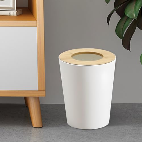 Image of White Trash Can for Bedroom with Bamboo Lid, 2.4 Gallon Open Top Trash Can 2 Pack, Modern Aesthetic Garbage Can for Room Office Living Room, Small Bathroom Trash Bin Boho Style