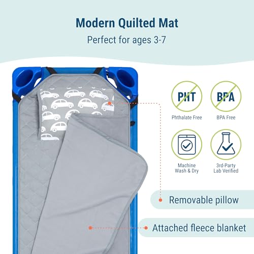 Image of Wildkin Modern Kids Nap Mat with Pillow for Boys - Soft & Cozy Cotton Blend, Elastic Straps, Toddler Sleep Mat for Daycare, Preschool, Kindergarten & Travel, Ages 3-7, Machine Washable - Cars