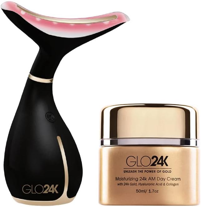 GLO24K Neck and Face LED Beauty Massager Plus 24k Moisturizing Day Cream. The Ultimate Duo for Neck Care.