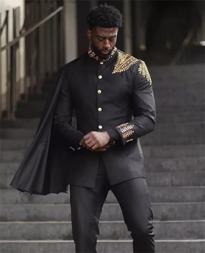 African 3 Piece Suit for Men Embroidered Tuxedo Set Slim Fit Prom Graduation Party Jacket Pants with Detachable Cape3