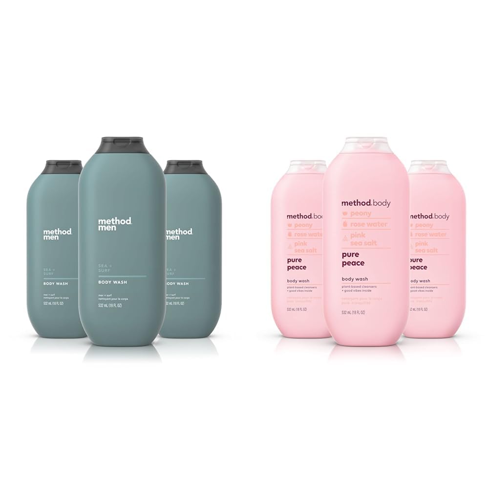 Method Men Body Wash, Sea + Surf, Paraben and Phthalate Free, 18 FL Oz,Softening & Body Wash, Pure Peace, Paraben and Phthalate Free, 18 oz,Detoxifying