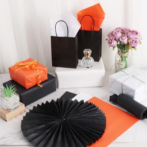 Image of BEISHIDA 90 Sheets Orange Black White Tissue Paper Bulk, Halloween Wrapping Tissue Paper for Gift Bags, 14 x 20 Inch Gift Wrap for Halloween Graduation Birthday DIY Crafts Holiday Flowers