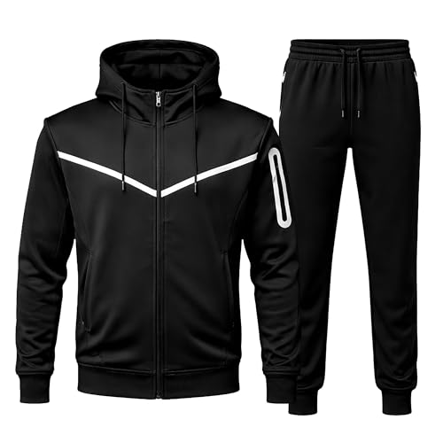Men’s Tracksuit Set 2 Piece Hoodie & Joggers Co-Ord Set, Full Sleeve Hooded Sweatshirt with Front Pockets, Athletic Gym Jogging Sports Training Suit For Men UK Plus Size S To XXL, (Black - L)