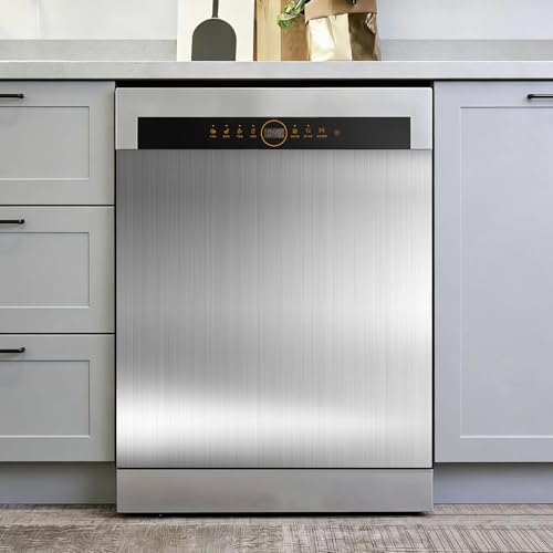 Image of Silver Brushed Stainless Steel Dishwasher Magnet Cover, 23.5” x 30” Magnetic Dishwasher Door Cover Decorative Kitchen Appliances Panel Decal