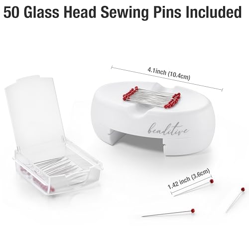 Image of Beaditive Magnetic Pin Cushion with Drawer - Strong Magnet Pin Holder Cushions for Sewing - 50 Glass Head Quilting Pins Included - Chic Pincushion Caddy for Sewing Pins, Paper Clips, Screws - White