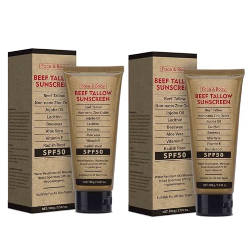 2PCS Organic Grass-Fed Beef Tallow Sunscreen, Face & Body Sunscreen Waterproof and Sweat-proof Non-Greasy Formula for Face and B