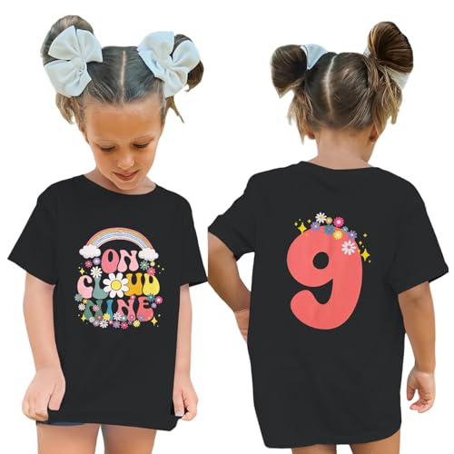GLIGLITTR On Cloud Nine Birthday Girl Shirt 9th Girls Birthday Outfits Rainbow Kids 9 Year Old Tshirt Birthday Party Tee Tops(Black 9years)