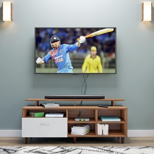 Image of VIKI Modern TV Unit for Living Room | Engineered Wood TV Cabinet with 1 Drawer Storage, 2 Open Shelves & Extension, Entertainment Unit, 140W x 48H x 40D cm | DIY | 1 Year Warranty (Walnut & White)