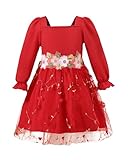 Renotemy Flower Girl Dress Kids Tulle Embroidery Red Christmas Floral Long Sleeve Princess Party Fairy Tutu Dresses for Birthday Wedding Guest Formal Pageant Photography Holiday Fall Winter 5-6 Years