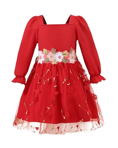 Renotemy Flower Girl Dress Kids Tulle Embroidery Red Christmas Floral Long Sleeve Princess Party Fairy Tutu Dresses for Birthday Wedding Guest Formal Pageant Photography Holiday Fall Winter 5-6 Years