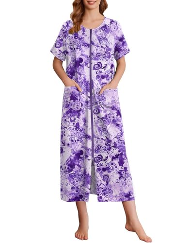 Ekouaer Women Robes Zipper Front Short Sleeve Full Length Housecoat with Pockets Loungewear Purple Flower,L