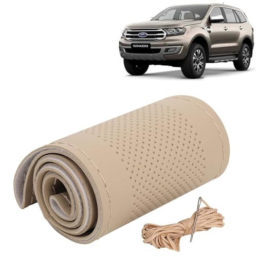 Image of KINGSWAY PU Leatherite Car Steering Cover Sewable Compatible with Ford Endeavour (Year 2019-2021), Beige Color with Beige Thread, Pack of 1 with Sewing Needle and Thread