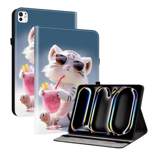 Étui iPad Air 11 M3 2025 en cuir à rabat avec support motif tigre dessin animé