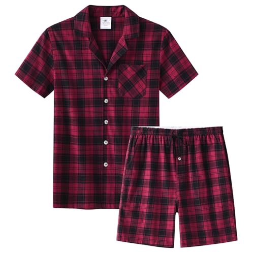 yuyangdpb Men's Pajamas Sets Shorts Woven Cotton Plaid Pj Set Button Down Sleepwear Short Set 2 Pieces with Pocket