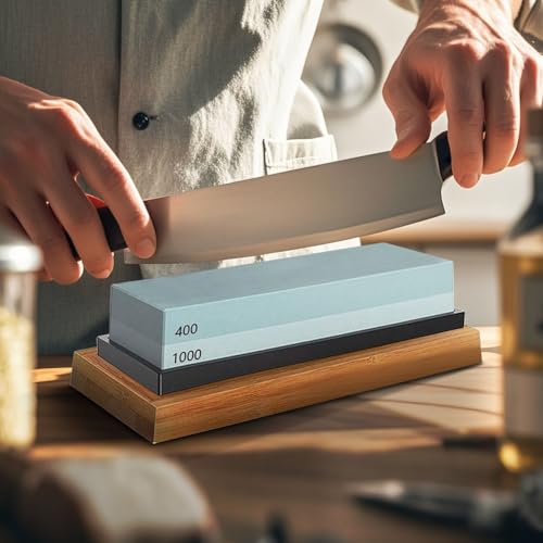 Knife Sharpening Stone Set, 4 Side KitGrit 400/1000/3000/8000 Waterstone, Whetstone Sharpener Set with Non-Slip Bamboo Base, Cut Resistant Gloves, Flatting Stone, Angle Guide & Leather Strop