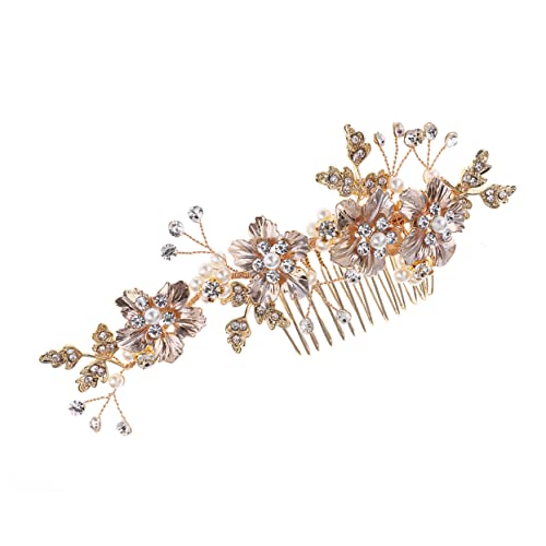 FRCOLOR リーフデザインのヘアコーム ウェディング用パールとクリスタル付きブライダルヘアアクセサリー 花嫁 パーティー 結婚式用ヘッドドレス 女性への ゴールド