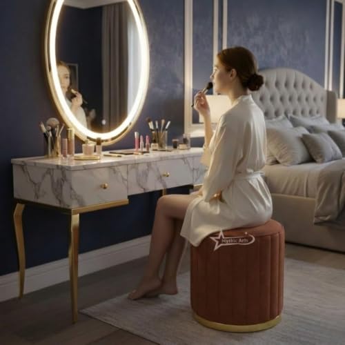 Image of Upholstered Round Linen Strip Stool Living Room Foot Rest Office Stool Pouf Ottoman Padded Seat (Coffee)