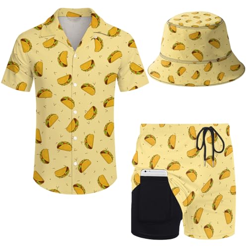Wilumi Hawaiian Taco Shirts for Men 3 Piece Taco Button Down Shirt Set with Bucket Hats m