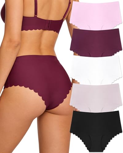 Image of FINETOO Seamless Underwear for Women High Waisted Panties Scalloped Edge Sexy Cheeky Bikini No Show Briefs S-XXL 5 Pack
